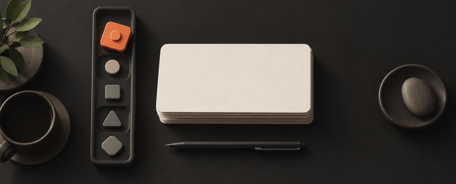 A dark desk seen from above: a slim tray of shapes with one orange piece at the top, beside a stack of blank cards and a pen
