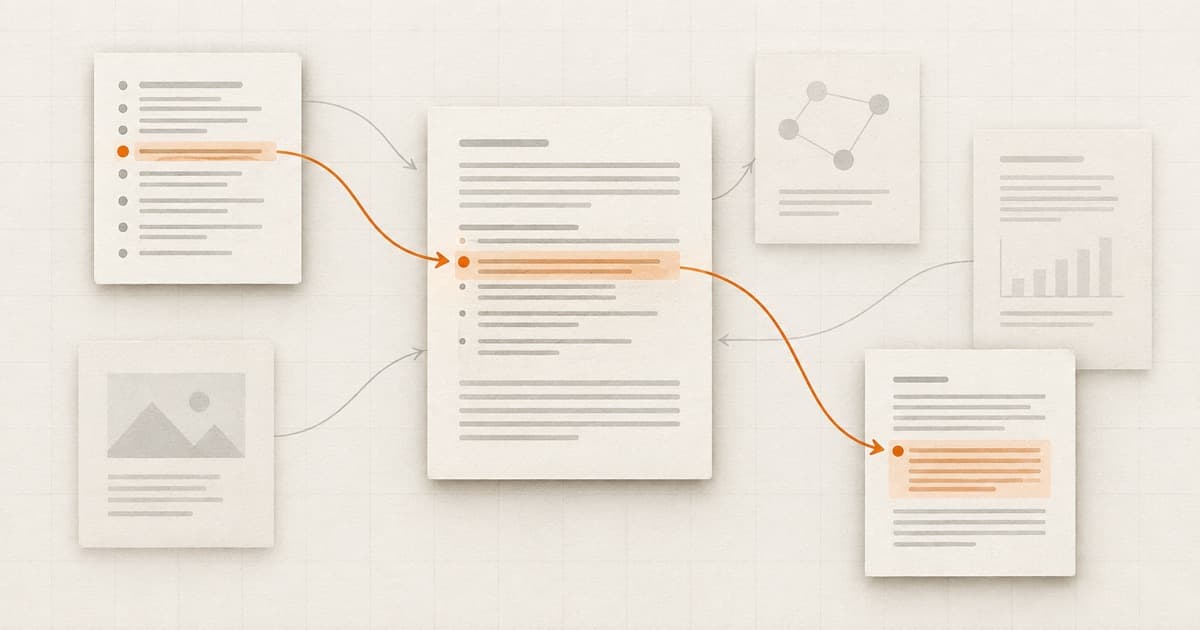 An index entry leads through a project decision to its supporting source while unrelated pages remain outside the selected route.