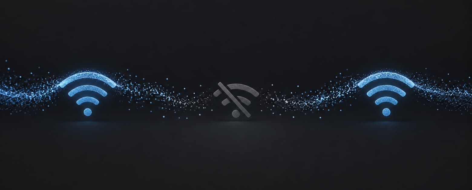 A stream of sound flowing past a Wi-Fi symbol that goes dark and comes back