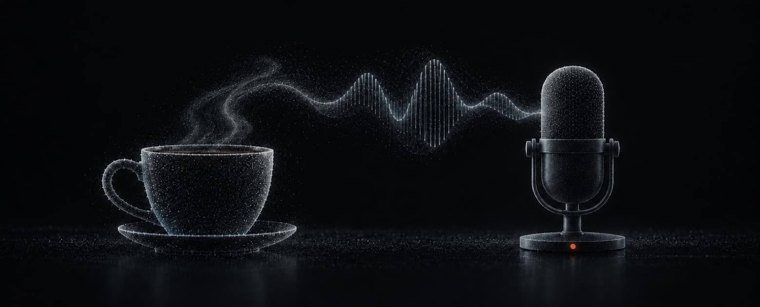Steam rising from a coffee cup turns into a sound wave that flows into a microphone