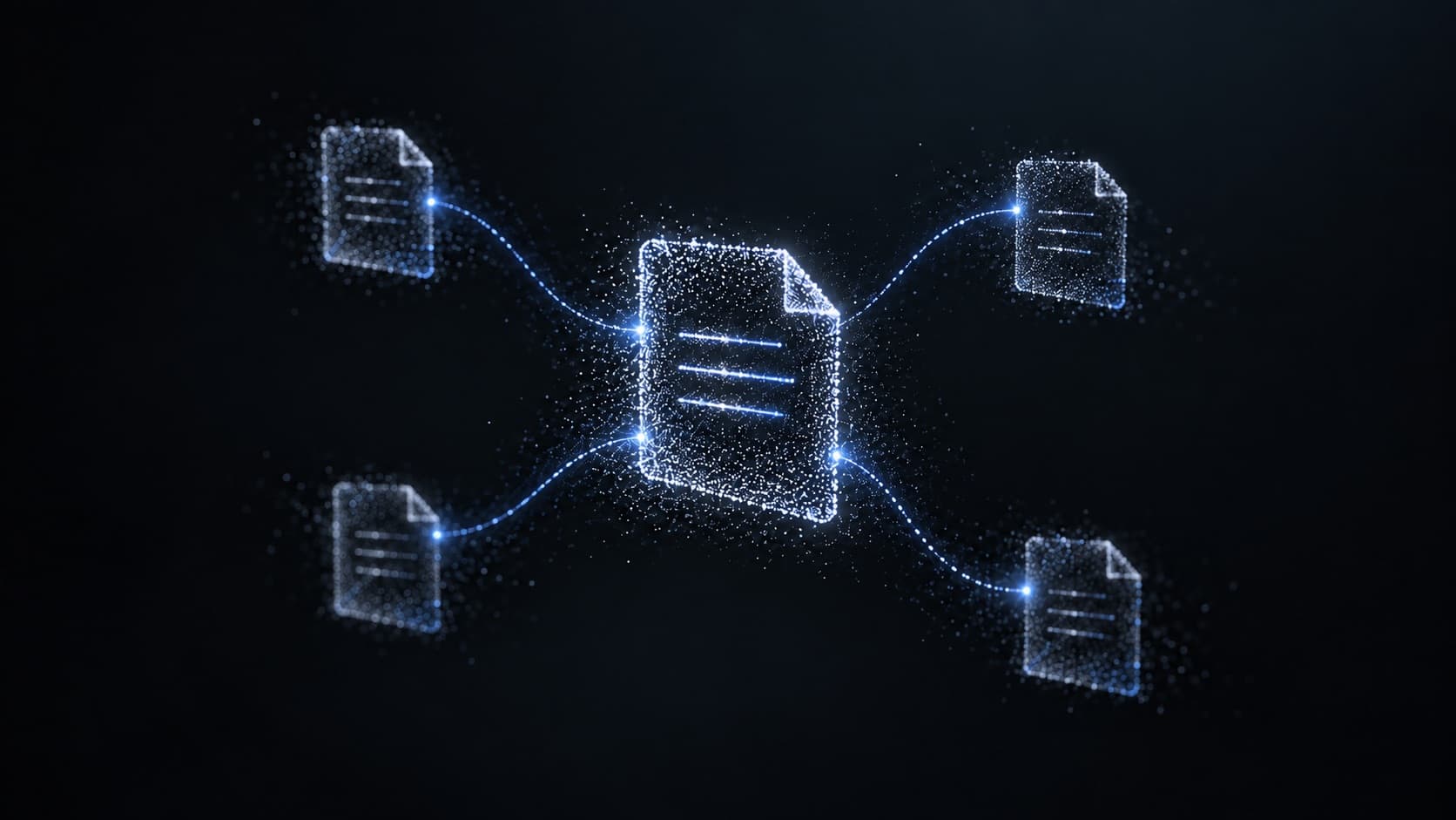 Glowing note pages connected by lines around a central note
