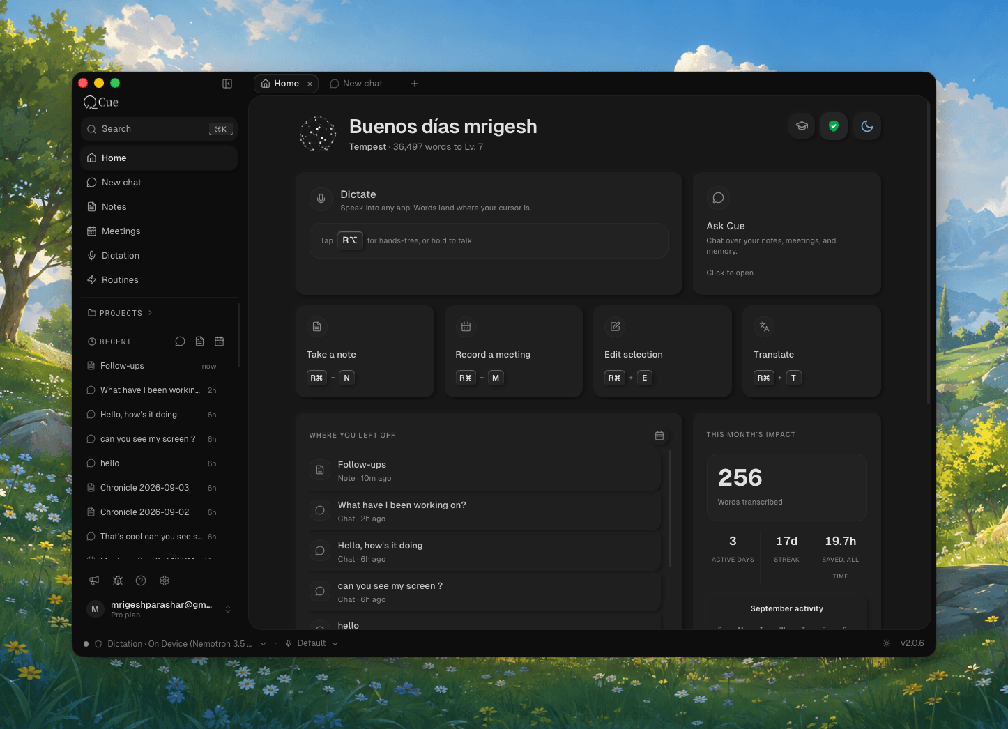 Cue's dark Home workspace showing dictation, notes, meetings, and activity