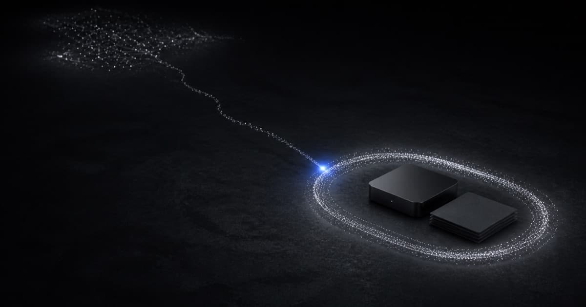A complete particle loop surrounds local files while a thin optional path reaches a distant network.