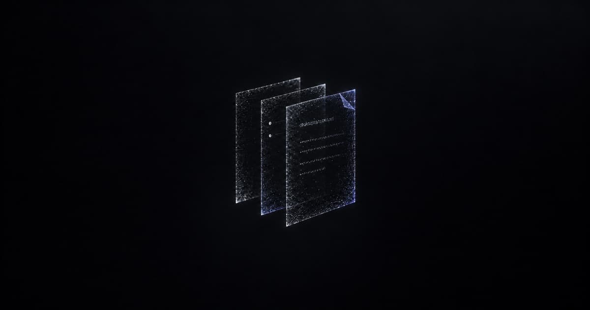 Three fine silver particle pages with subtle text rows and a folded corner against a black background.