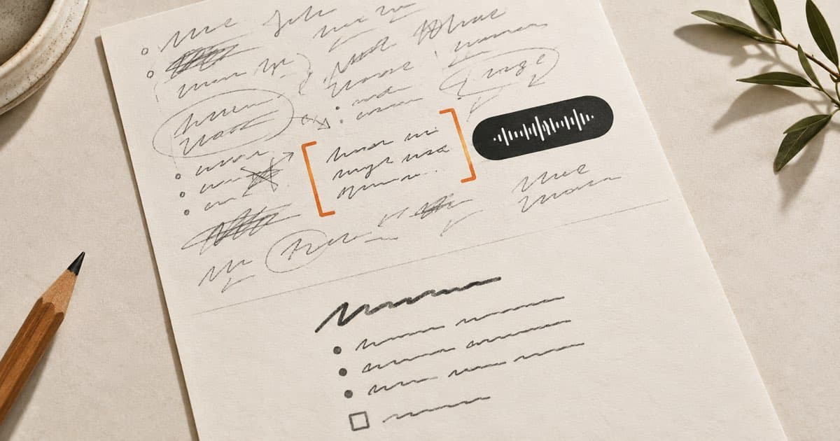 A messy handwritten note is selected with orange brackets, given a voice instruction, and rewritten as a heading with organized bullet points.