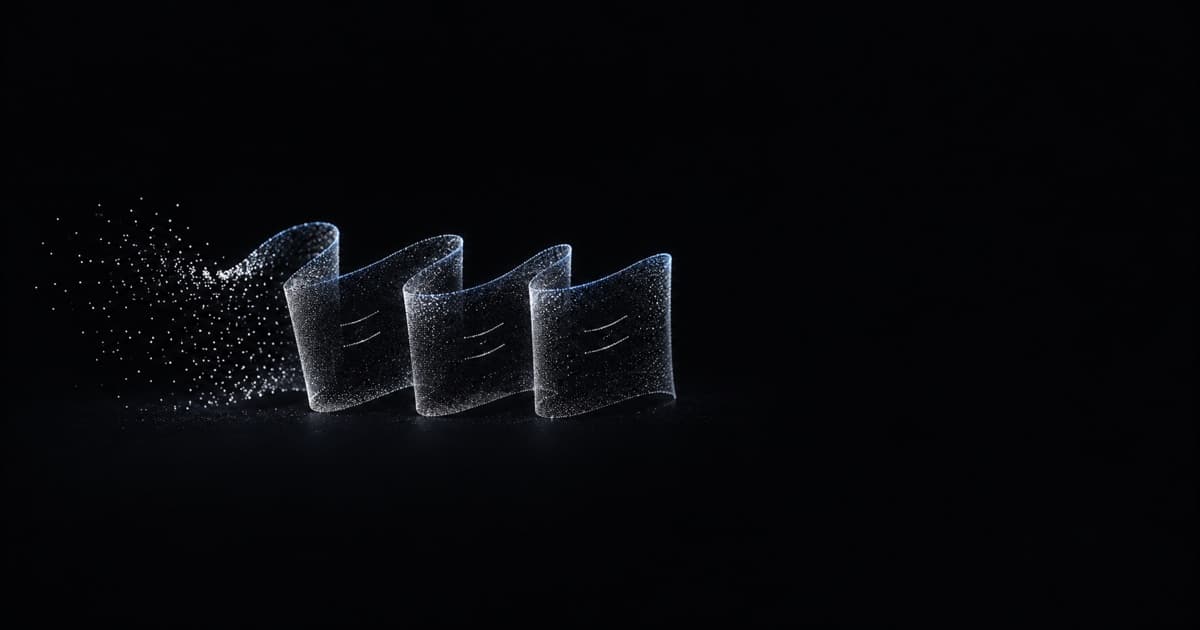 Loose particles settle into a short folded ribbon with sparse lines suggesting a structured prompt.